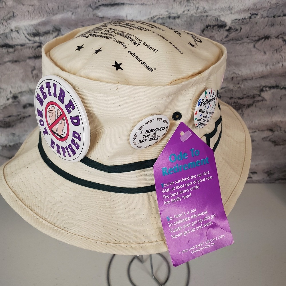 Retired But Rehired Fishermans Bucket‎ Hat Funny Novelty Gift Buttons Pins XXL